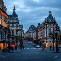 Street Scene at Dusk with Buildings and Pedestrian Crossing