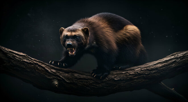 Wolverine (Gulo gulo) snarling with teeth bared in dramatic lighting