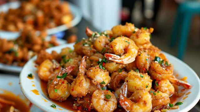 A plate of spicy shrimp with garlic and chili, garnished with herbs, served in a vibrant dining setting.