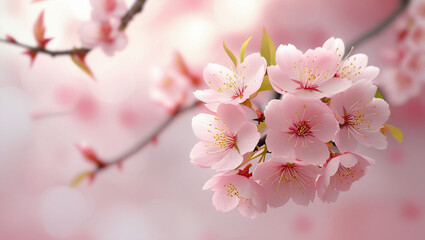 Delicate blush pink cherry blossoms blooming in soft sunlight, a gentle springtime scene of serene beauty and blossoming hope.