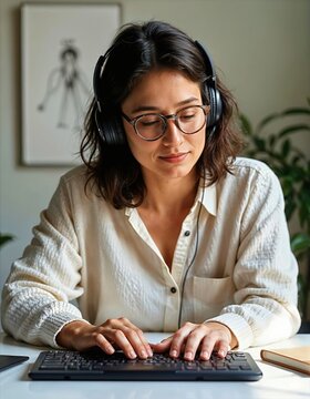 Focused Woman with Headphones Typing on Keyboard at Desk