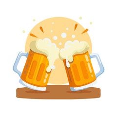 Clinking beer mugs under sun with foam splash