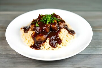 Savory Teriyaki Chicken and Rice Bowl: Delicious Asian Cuisine, Tender Chicken Bites in Rich Teriyaki Sauce, Served Over Fluffy Rice, Garnished with Fresh Herbs