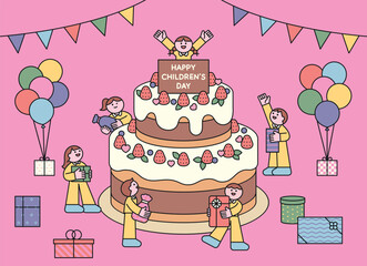 Colorful illustration of children celebrating Children's Day with a big cake, balloons, and presents. A joyful flat style party scene for holiday designs.