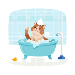 Cute cat enjoying bath in tub with blue tiled background