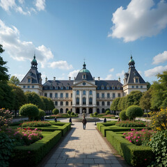 Walking Toward Grand Building in Formal Garden Sunny Day