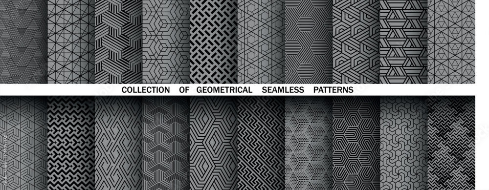 Poster Geometric set of seamless black and gray patterns. Simple vector graphics.