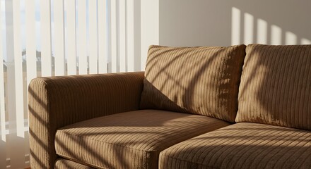 Fototapeta premium Sunlit Brown Sofa with Cozy Room.