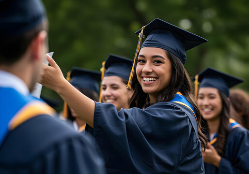 happy female college graduate standing among peers on convocation day in ceremonial cap and gown


