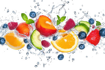 a vibrant splash of assorted fruits including apples oranges strawberries blueberries and cucumbers immersed in water creating a refreshing and dynamic visual effect