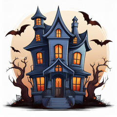 spooky cartoon illustration of haunted house with dark blue walls and glowing orange windows. Bats fly around eerie structure, enhancing Halloween atmosphere