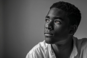 Obraz premium Black and white portrait of young man, looking upward, showcasing pensive expression and thoughtful gaze, symbolizing contemplation, hope, or introspection