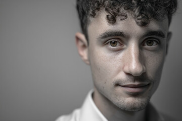 Fototapeta premium Close-up portrait of young man's face, showcasing his eyes and expression, conveying calm and contemplation, ideal for profile picture or editorial use