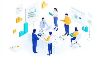 Collaborative business team analyzing data and charts, isometric illustration