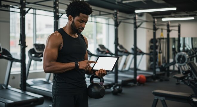 A focused fitness instructor uses a digital tablet in a modern gym to track workout progress.