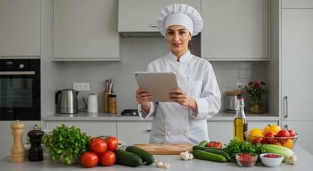 A chef using a tablet in a modern kitchen, showcasing culinary technology and food preparation.