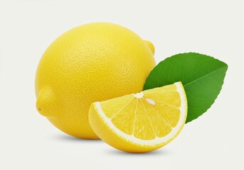 Lemon fruit and slice with leaf isolated on white background