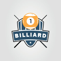 Billiard logo featuring a cue stick and the number one ball, ideal for sports bars, pool halls, and billiards tournaments.