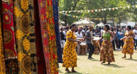 Fototapeta premium Vibrant African Fabrics at a Lively Cultural Festival: A Celebration of Tradition and Dance