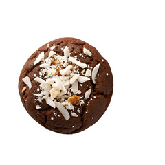 Top view of chocolate cookie with coconut shavings isolated on white background