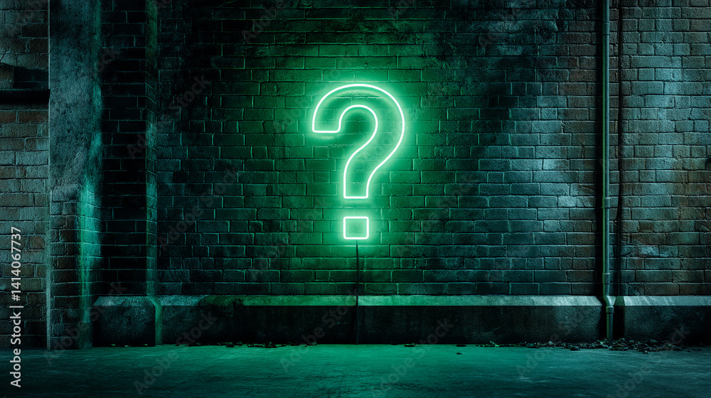 Poster green neon question mark on a dark brick wall, creating a mysterious and intriguing atmosphere, idea