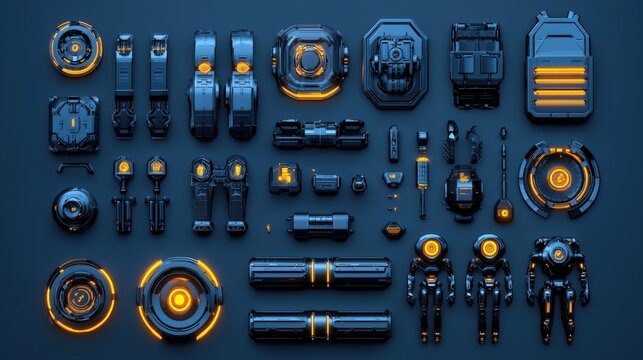 Futuristic tech components sci fi robot parts and gadgets
