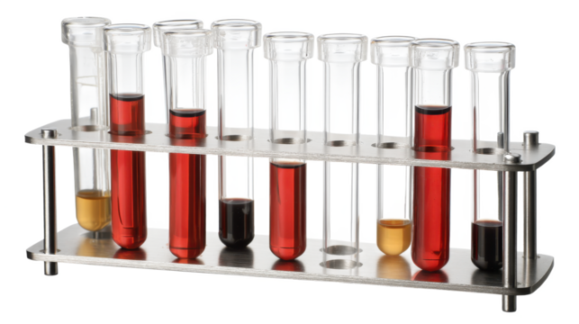 Chemical Reactions: A Collection of Laboratory Glass Test Tubes Filled with Different Colored Solutions and Arranged in a Metal Rack for Scientific Experimentation