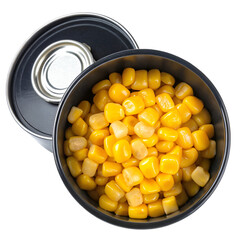 Sweet canned corn on black bowl top view isolated on white background
