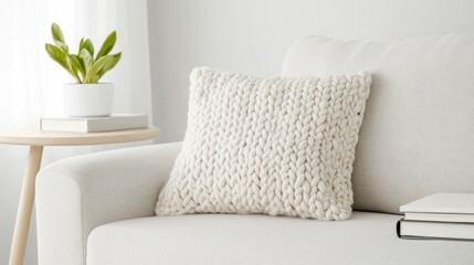 Fototapeta premium Elegant textured white throw pillow home decor image for interior design and e commerce