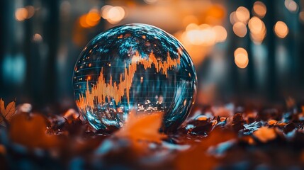 Crystal ball stock market graph autumn leaves background image art data blue dark fall chart light