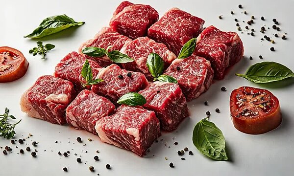 Fresh beef cubes, seasoned and ready to cook.