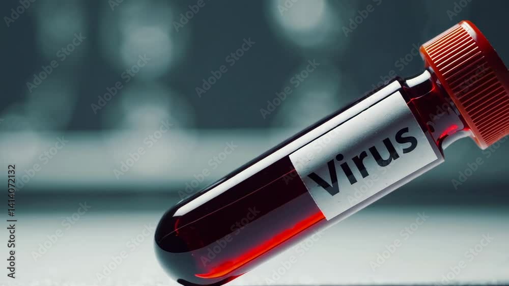 Poster multiple blood samples labeled virus lie on a table in a laboratory, possibly indicating ongoing res