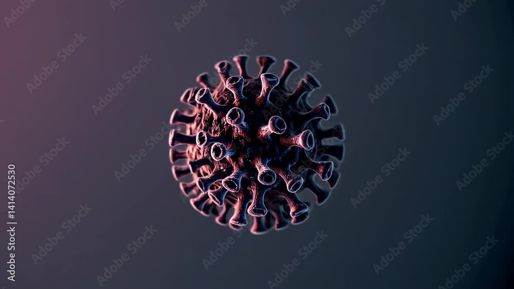 Aufkleber Detailed 3d rendering of coronavirus particle slowly rotating, transitioning through dark gray and purple gradient background, depicting viral structural characteristics with scientific precision