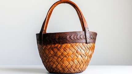 Handwoven rattan basket with a leather handle on an immaculately white background.