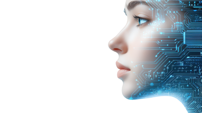 Woman's face with circuit background, fusion of technology and portraiture woman