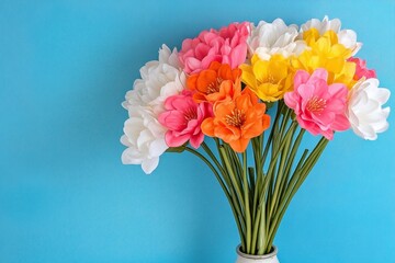 Fototapeta premium A cluster of colorful silk flowers arranged neatly in a vintage vase
