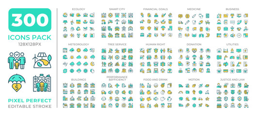 Sustainability colorful icons set collection. Eco friendly technology integration. Business and lifestyle mega pack of flat line symbols, pixel perfect. Isolated vector illustrations. Editable stroke