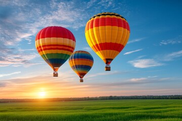 Fototapeta premium A cluster of hot air balloons rising into the sky at a sunrise festival