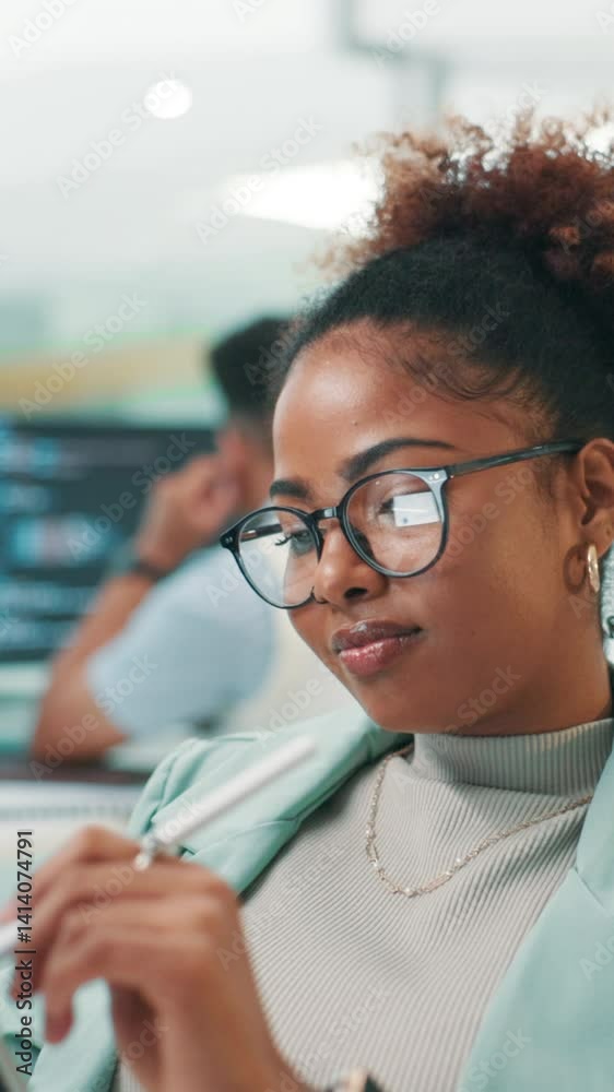Poster Programming, tablet and woman with glasses, office and coder with stylus for debugging and website. Business, programmer and person with tech for coding, online and research for project with software