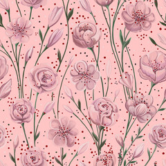 Soft pink coral Floral seamless pattern. Hand drawn abstract flowers with leaves on pink textured oil painting background. Textured Summer spring digital art design template.