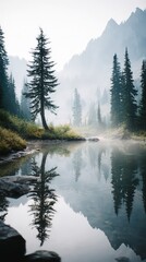 Fototapeta premium Misty Mountain Lake Reflection Serene Nature Photography