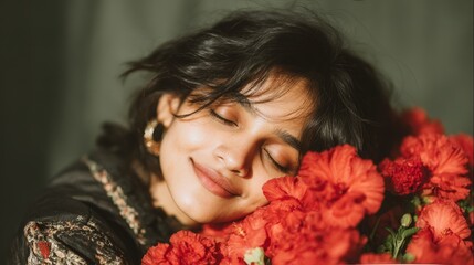 Serene Woman Sleeping amidst Red Hibiscus Flowers  Cinematic Portrait