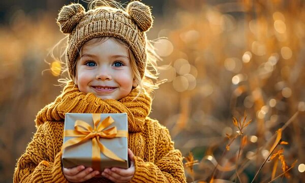 Smiling girl holding gift outdoors in autumn.