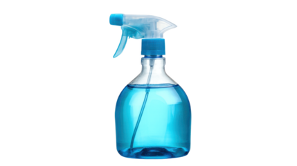A shimmering turquoise liquid glistens within a clear spray bottle, hinting at cleanliness, freshness, and the promise of a sparkling clean home.