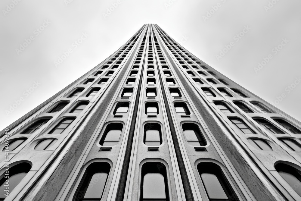 Poster a geometric abstract skyscraper with sharp, clean lines, representing modern architecture