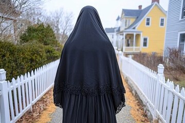 A ghostly figure walking through a fog-covered colonial street in old Salem, Massachusetts