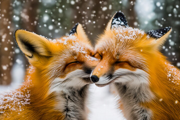Fototapeta premium Two red foxes nuzzling gently together while snowflakes fall in a winter woodland scene in nature