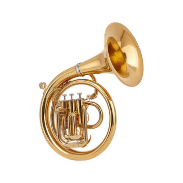 Golden tenor horn on black background. Musical instrument for orchestra, brass band, or solo performance.