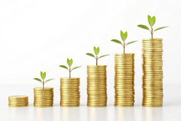 Financial freedom journey shown with increasing stacks of gold coins on white background