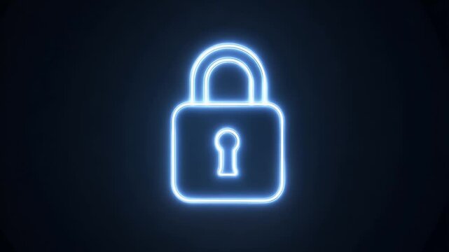 Bright blue neon-style unlocked padlock icon on a dark background
